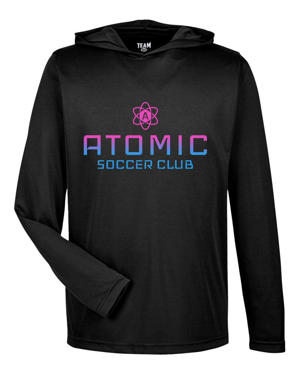 Pink & Blue Ombre Atomic Soccer Club Performance Long Sleeve Tee With Hood in Black