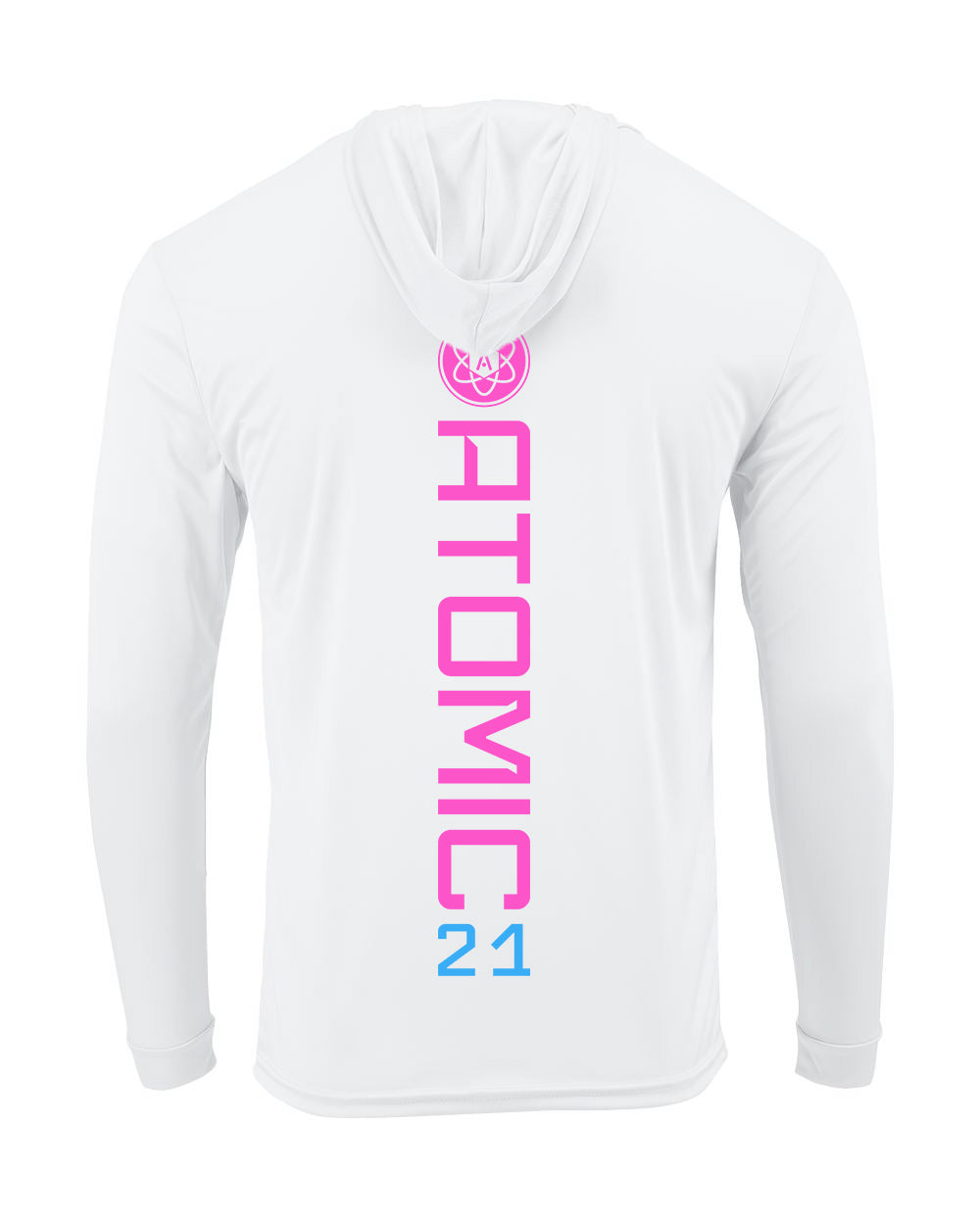 Atomic Iron Man Performance Long Sleeve Tee With Hood In White (Optional Personalized)