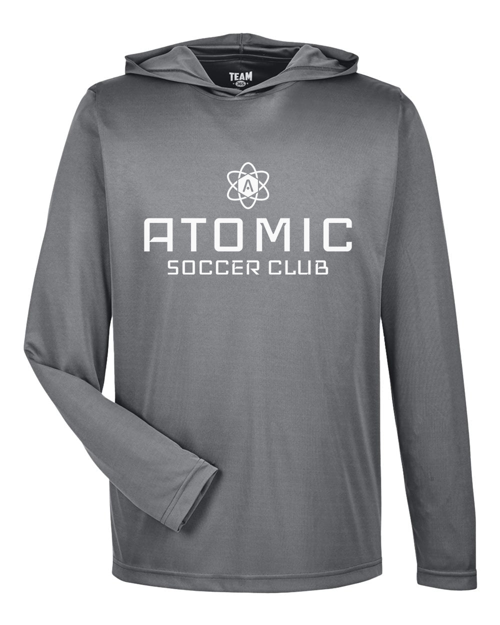 White Atomic Soccer Club Performance Long Sleeve Tee With Hood in Graphite