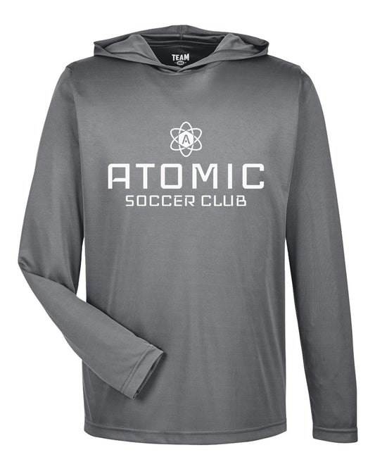 White Atomic Soccer Club Performance Long Sleeve Tee With Hood in Graphite