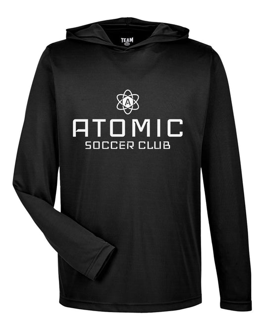 White Atomic Soccer Club Performance Long Sleeve Tee With Hood in Black