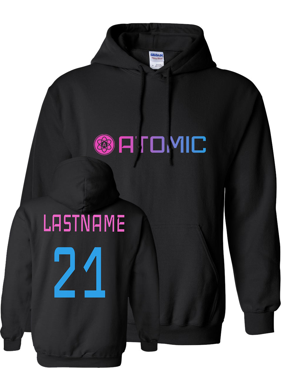 Pink & Blue Horizontal Ombre Atomic Hoodie in Black (Optional Personalization)