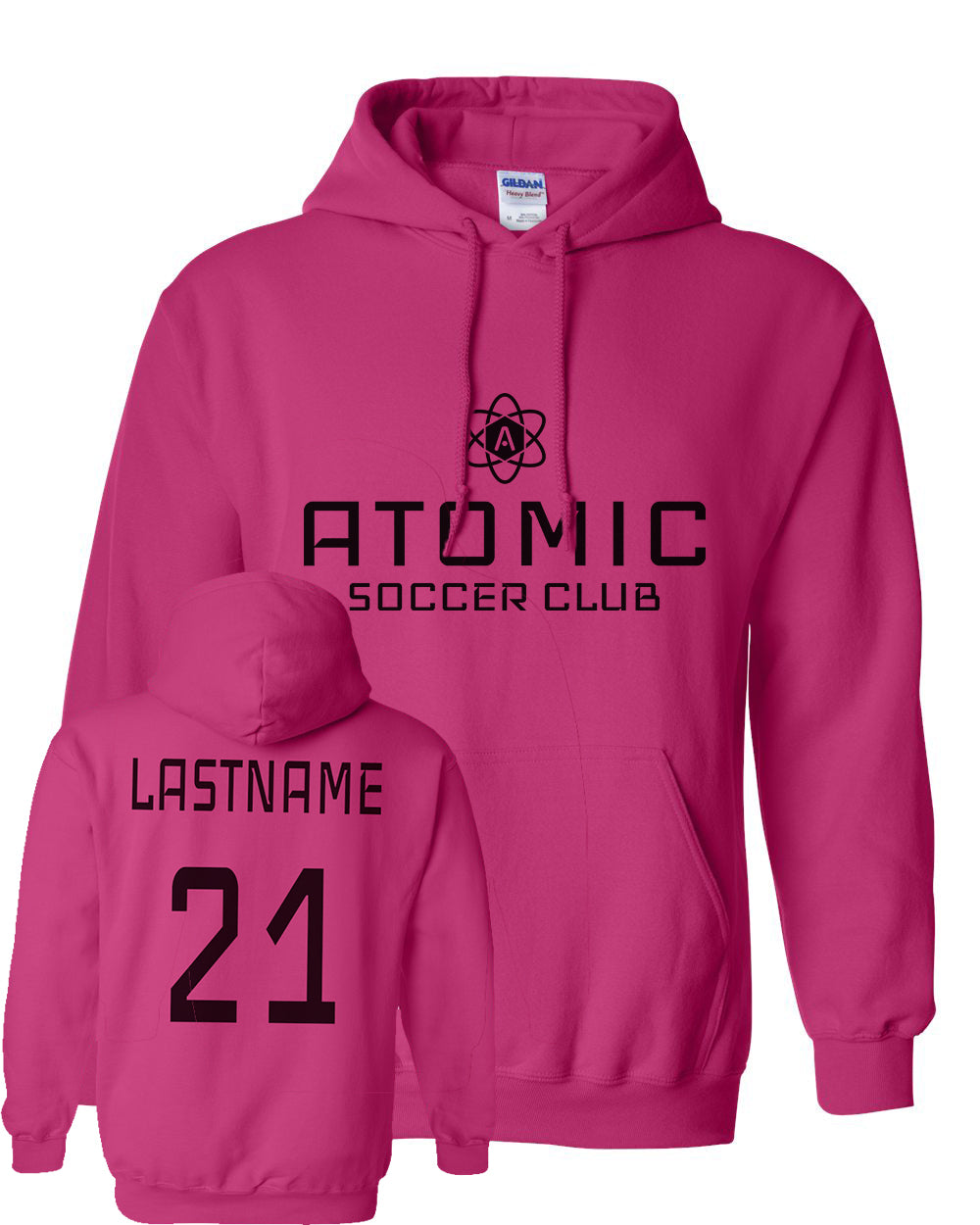 Black Atomic Soccer Club Hoodie in Heliconia (Optional Personalization)