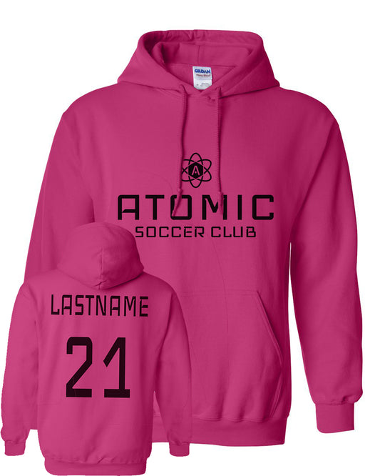 Black Atomic Soccer Club Hoodie in Heliconia (Optional Personalization)