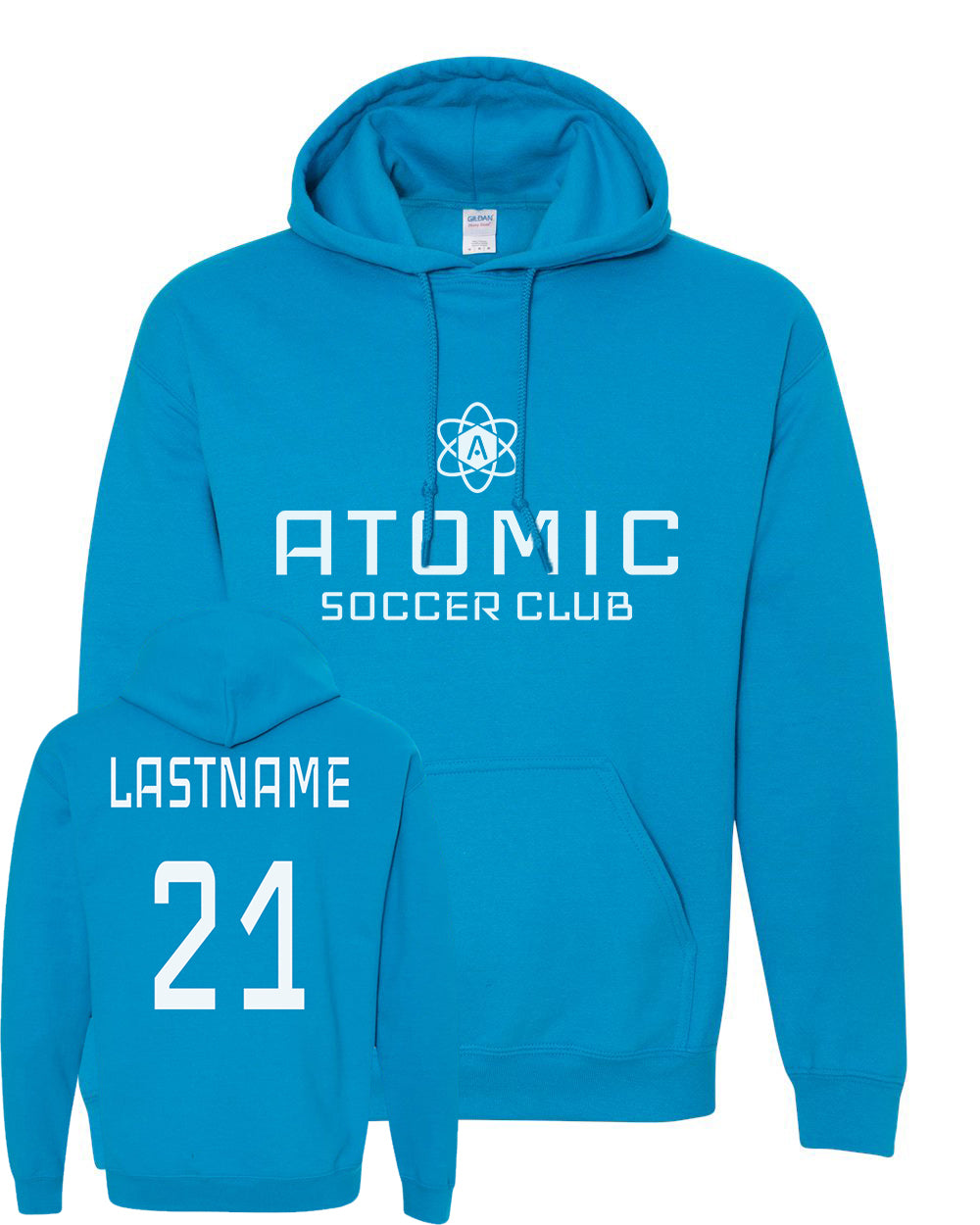 White Atomic Soccer Club Hoodie in Sapphire (Optional Personalization)