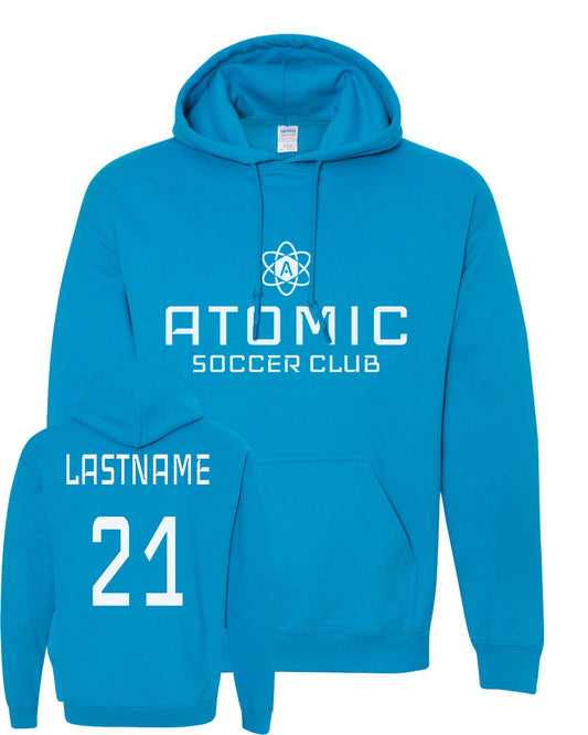 White Atomic Soccer Club Hoodie in Sapphire (Optional Personalization)