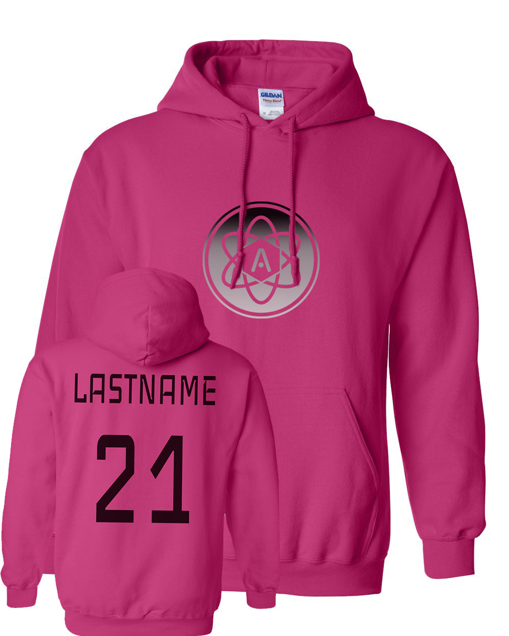 Gray Ombre Atomic Iron Man Hoodie in Heliconia (Optional Personalization)