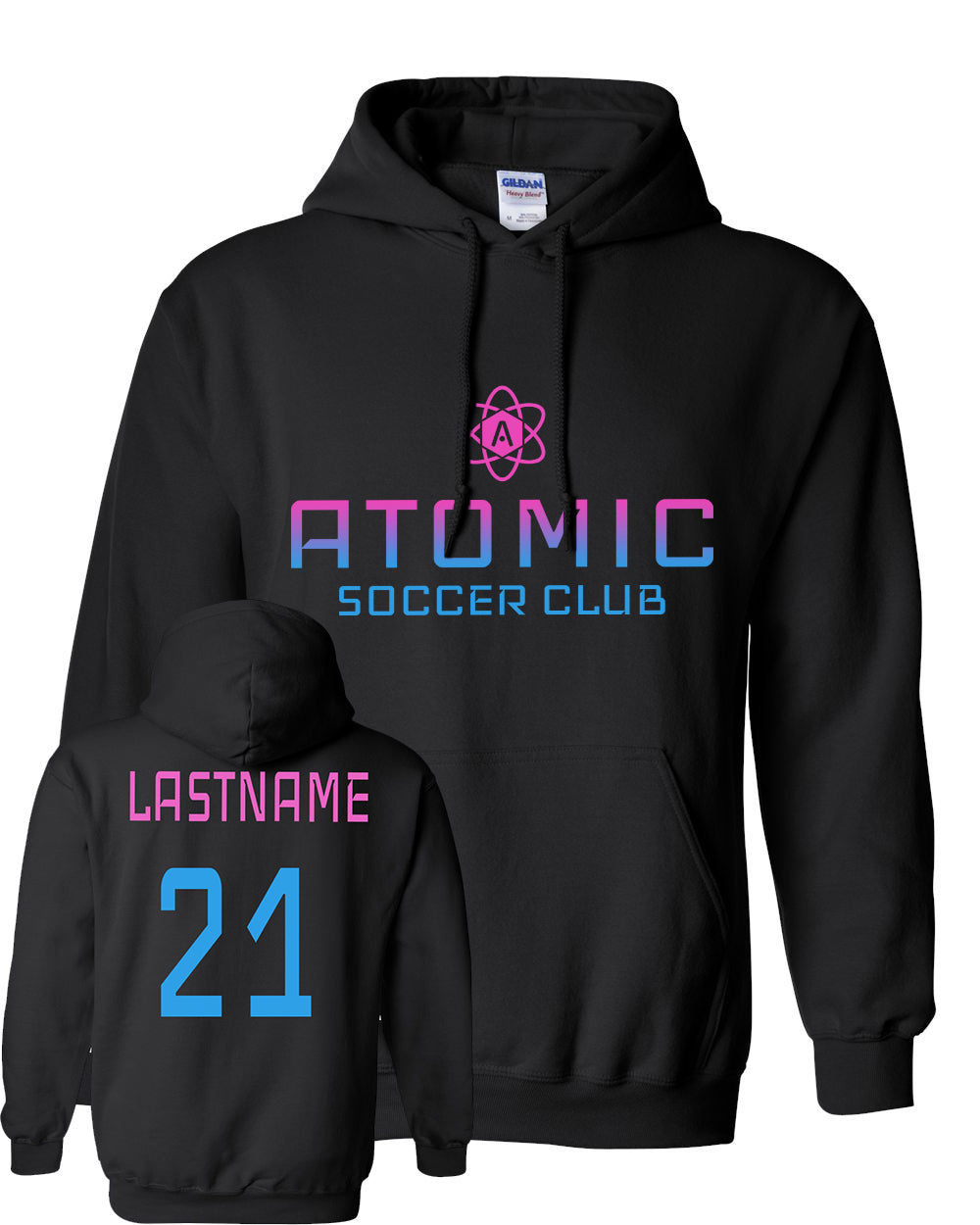 Pink & Blue Ombre Atomic Soccer Club Hoodie in Black (Optional Personalization)