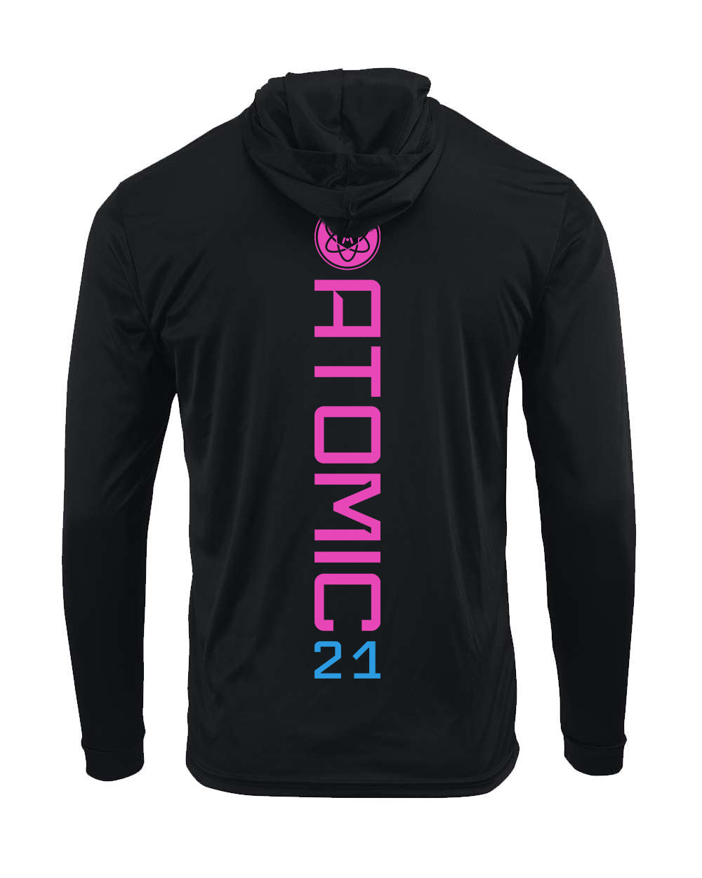 Atomic Iron Man Performance Long Sleeve Tee With Hood in Black (Optional Personalized)