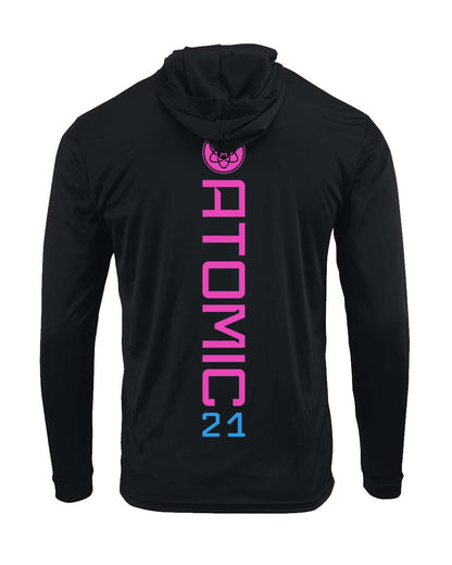 Atomic Iron Man Performance Long Sleeve Tee With Hood in Black (Optional Personalized)