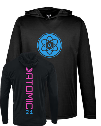 Atomic Iron Man Performance Long Sleeve Tee With Hood in Black (Optional Personalized)