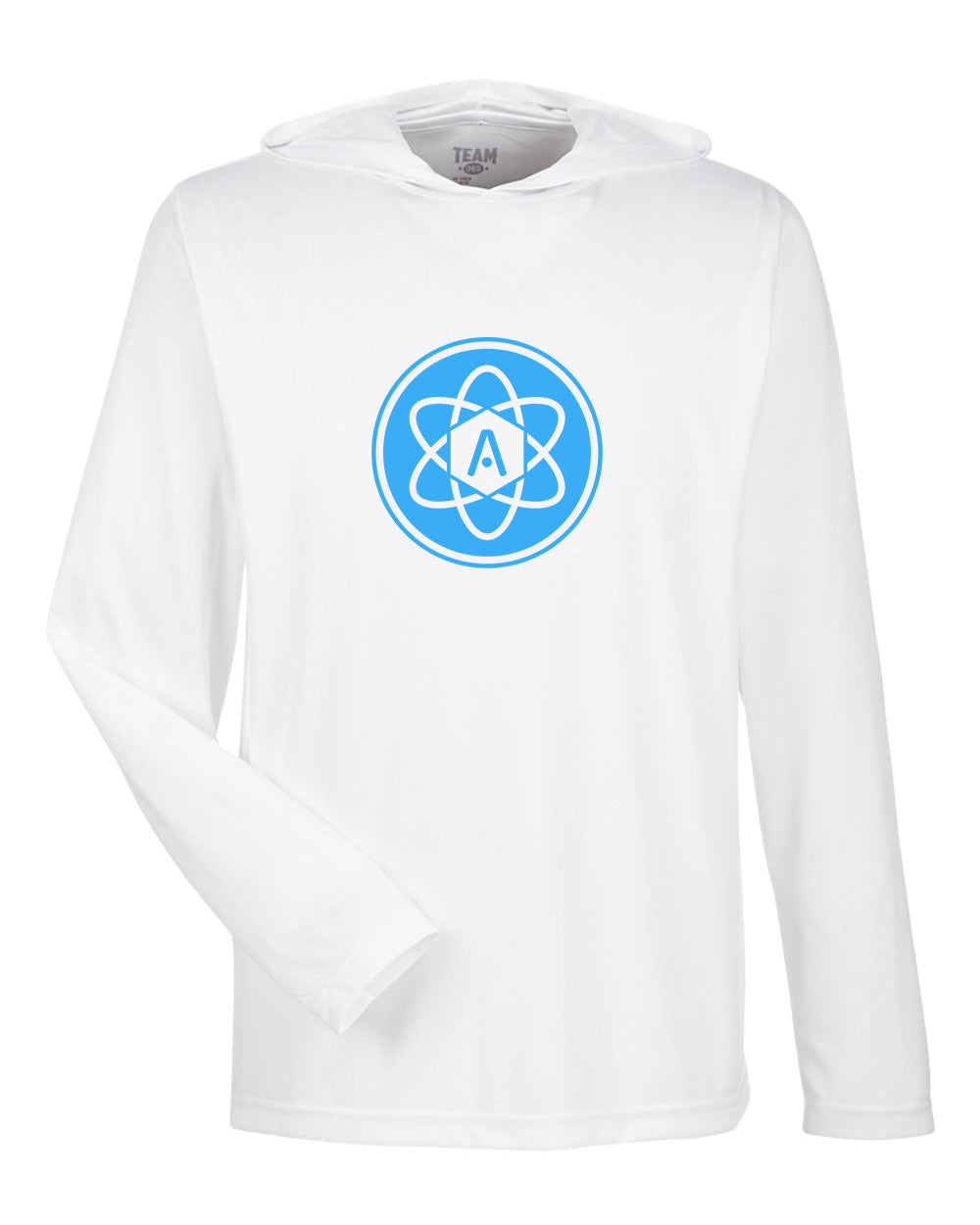 Atomic Iron Man Performance Long Sleeve Tee With Hood In White (Optional Personalized)