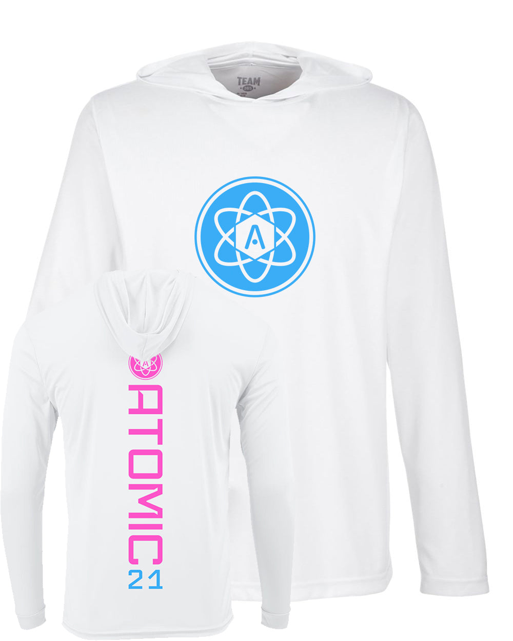 Atomic Iron Man Performance Long Sleeve Tee With Hood In White (Optional Personalized)