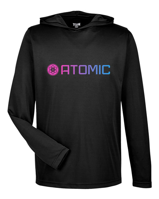 Pink & Blue Horizontal Ombre Atomic Performance Long Sleeve Tee With Hood in Black