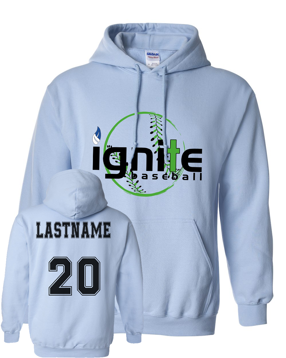 Ignite Baseball Hoodie in Light Blue (Optional Personalization)