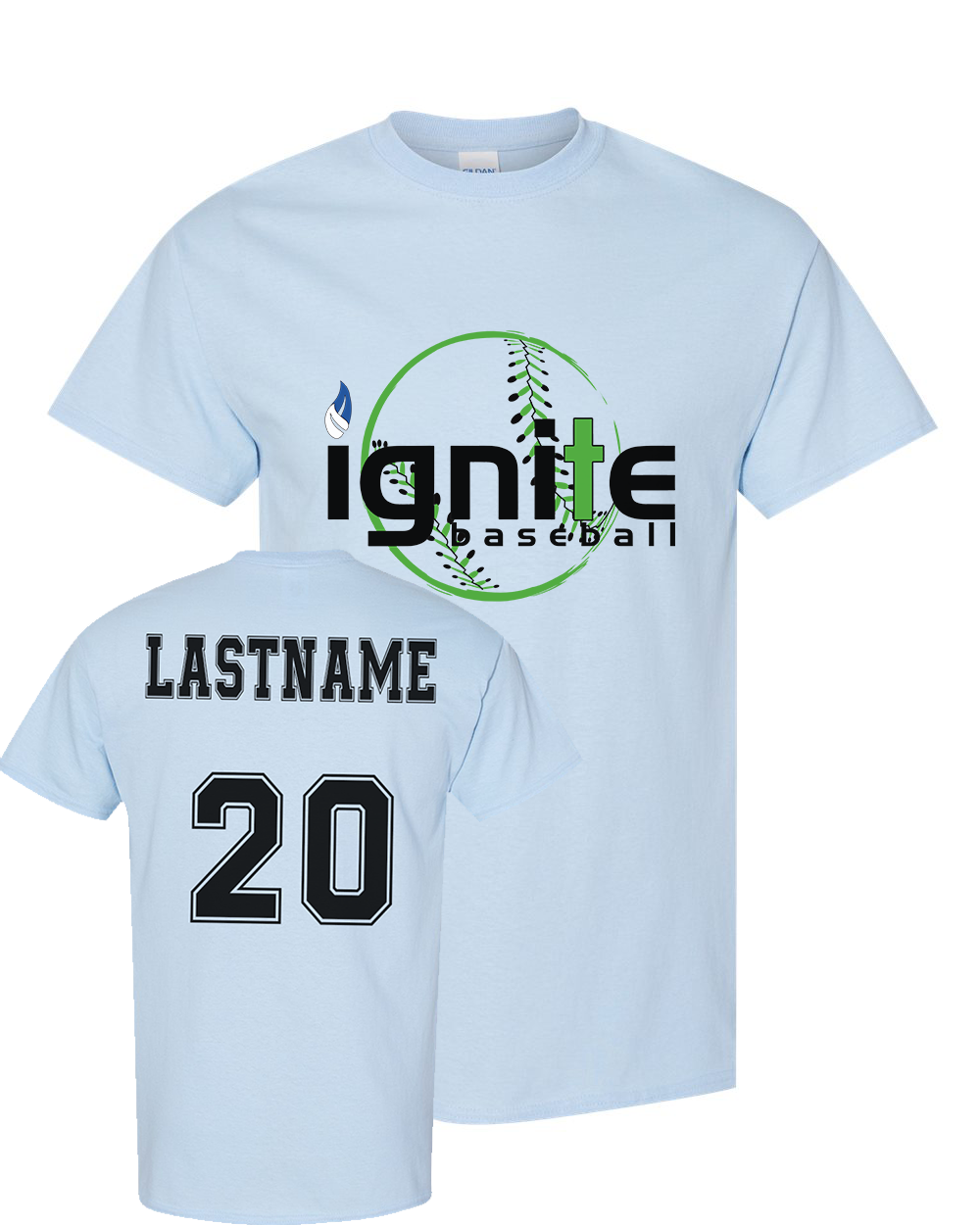 Ignite Baseball Graphic Tee in Light Blue (Optional Personalization)