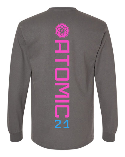 Atomic Iron Man Long Sleeve Graphic Tee in Charcoal (Optional Personalization)