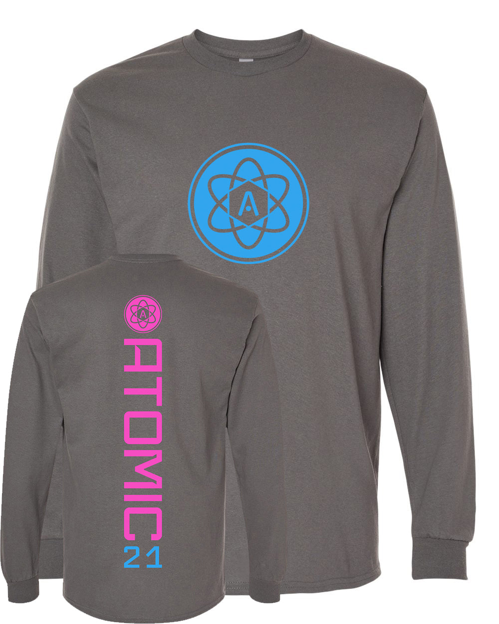 Atomic Iron Man Long Sleeve Graphic Tee in Charcoal (Optional Personalization)