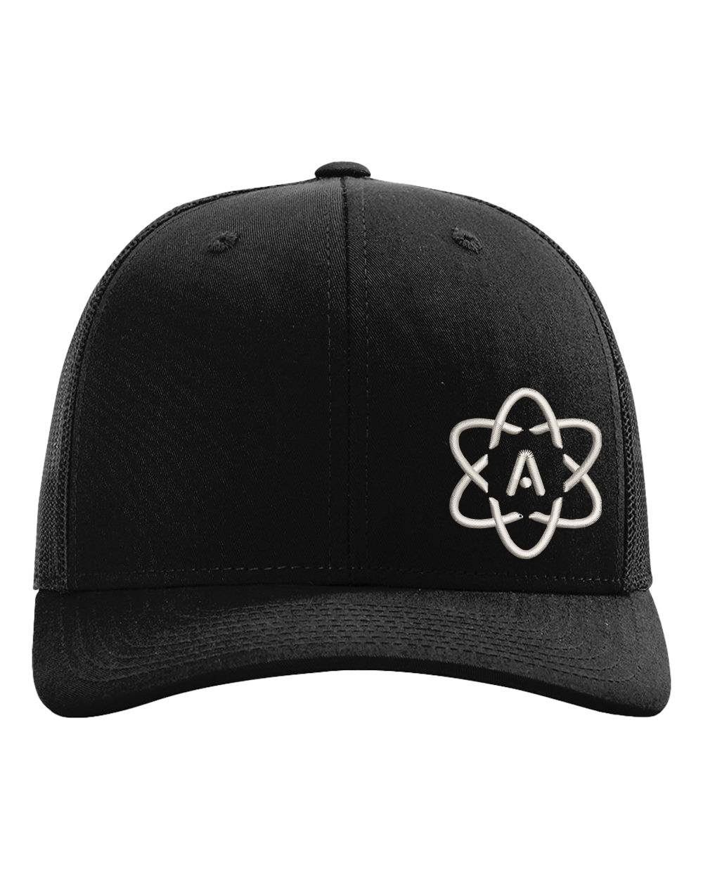 Atomic Accent Embroidered Trucker Hat in Black/Black