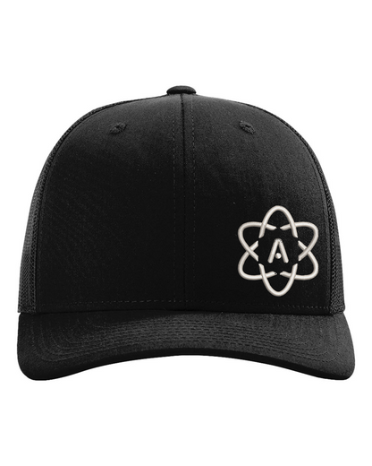 Atomic Accent Embroidered Trucker Hat in Black/Black