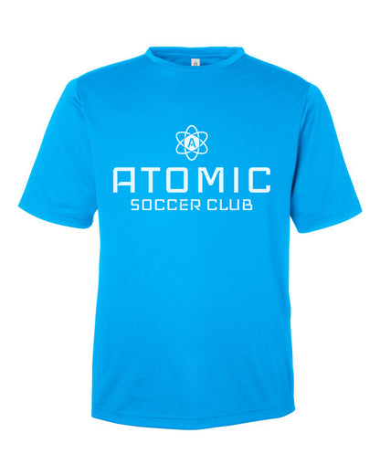 White Atomic Soccer Club Performance Tee in Electric Blue