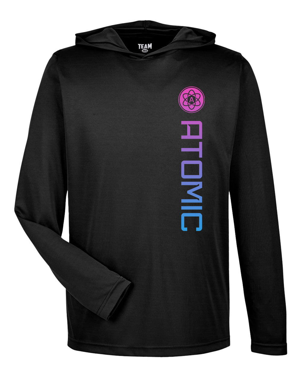 Pink & Blue Ombre Vertical Atomic Performance Long Sleeve Tee With Hood in Black