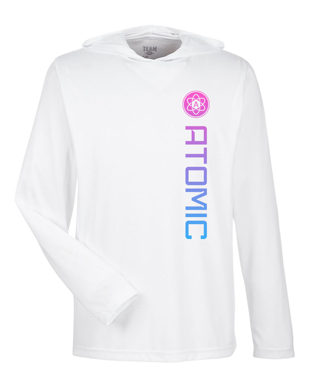 Pink & Blue Ombre Vertical Atomic Performance Long Sleeve Tee With Hood In White
