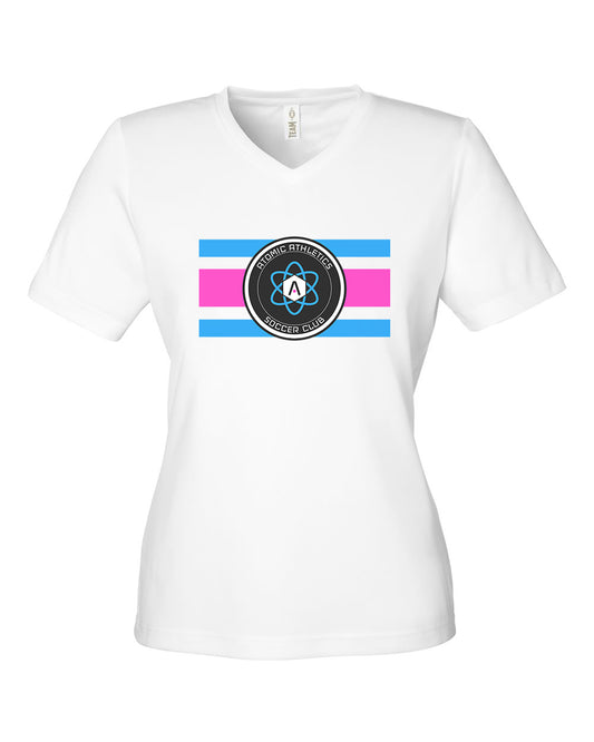 Ladies Atomic Flag Horizontal Performance Tee in White