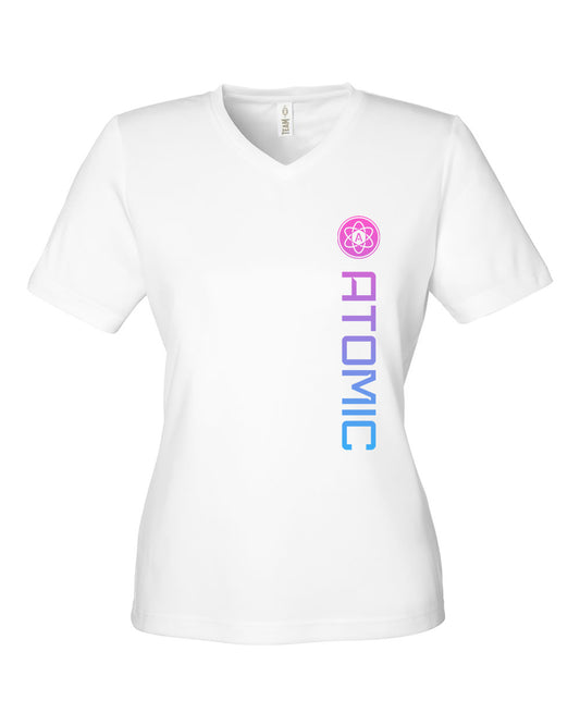 Ladies Pink & Blue Ombre Vertical Atomic Performance Tee in White